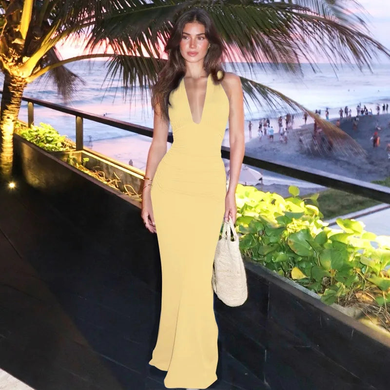 Draped Halter V-Neck Maxi Dress