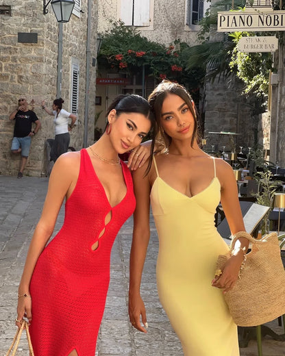 Women Sexy Crochet Knitted Dress Fashion Hollow Out Solid V-neck Sleeveless Splited Bodycon Robe Female Chic Beach Vestidos