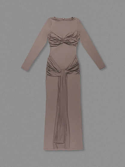 Long Sleeve Pleated Draped Maxi Dress