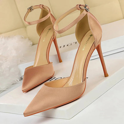 Satin Shallow Pointed Women Pumps with Buckle High Heels