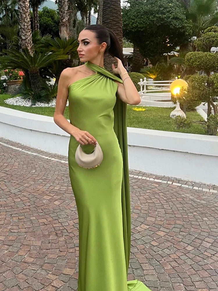 Solid Ribbon Halter Off Shoulder Silk Dress