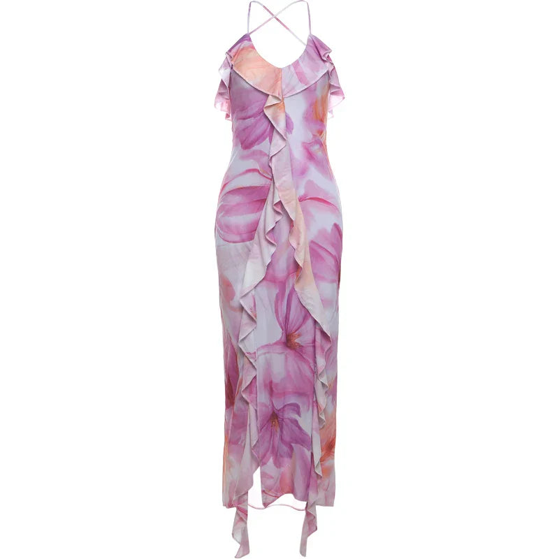 Flower Print Splits Irregular Tassel Patchwork Long Dress