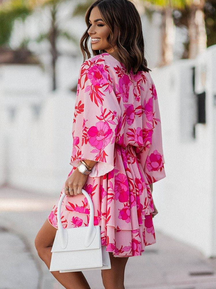 Tropical Floral Print Twist-Waist Kimono Sleeve Tiered Ruffle Mini Dress