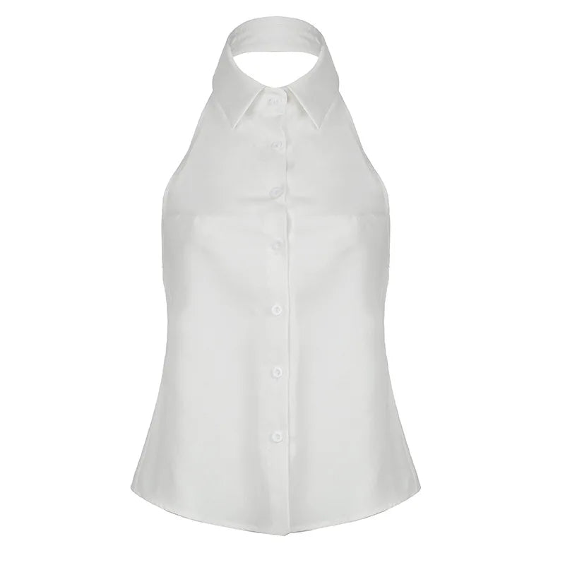POLO Lapel Buttons Shirt Vest Backless Lacing Women's Clothing Halter Solid Tops For Female Versatile 2024 Summer Clothes