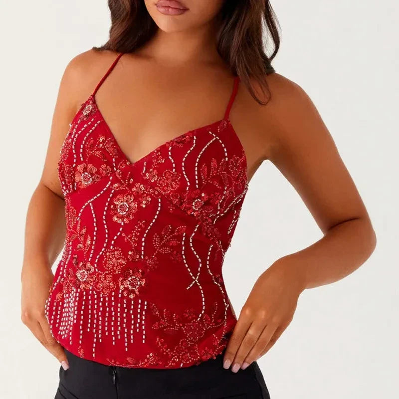 Sequin Beaded Backless Boho Halter Cami Top