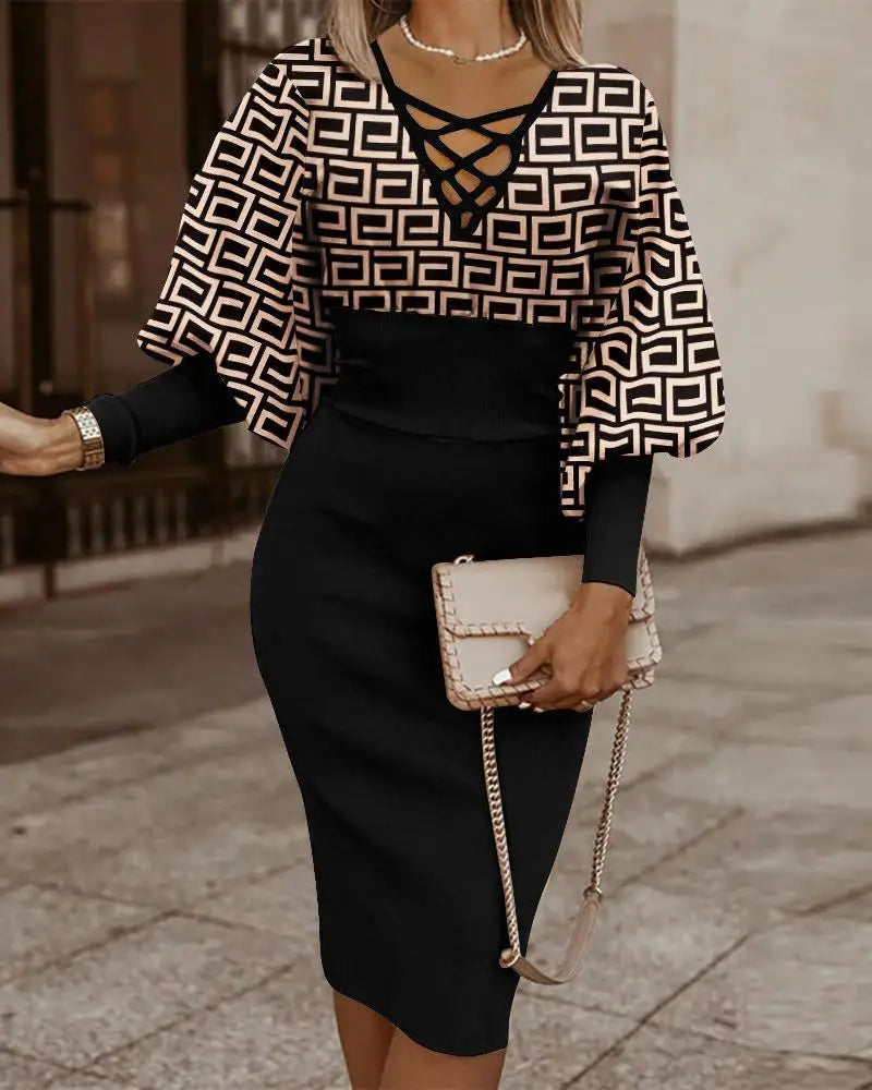 Geometric Print Lace-Up V-Neck Lantern Sleeve Ribbed Cuff Bodycon Midi Dress