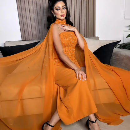 Orange Strapless Evening Dress with Cape Sleeve