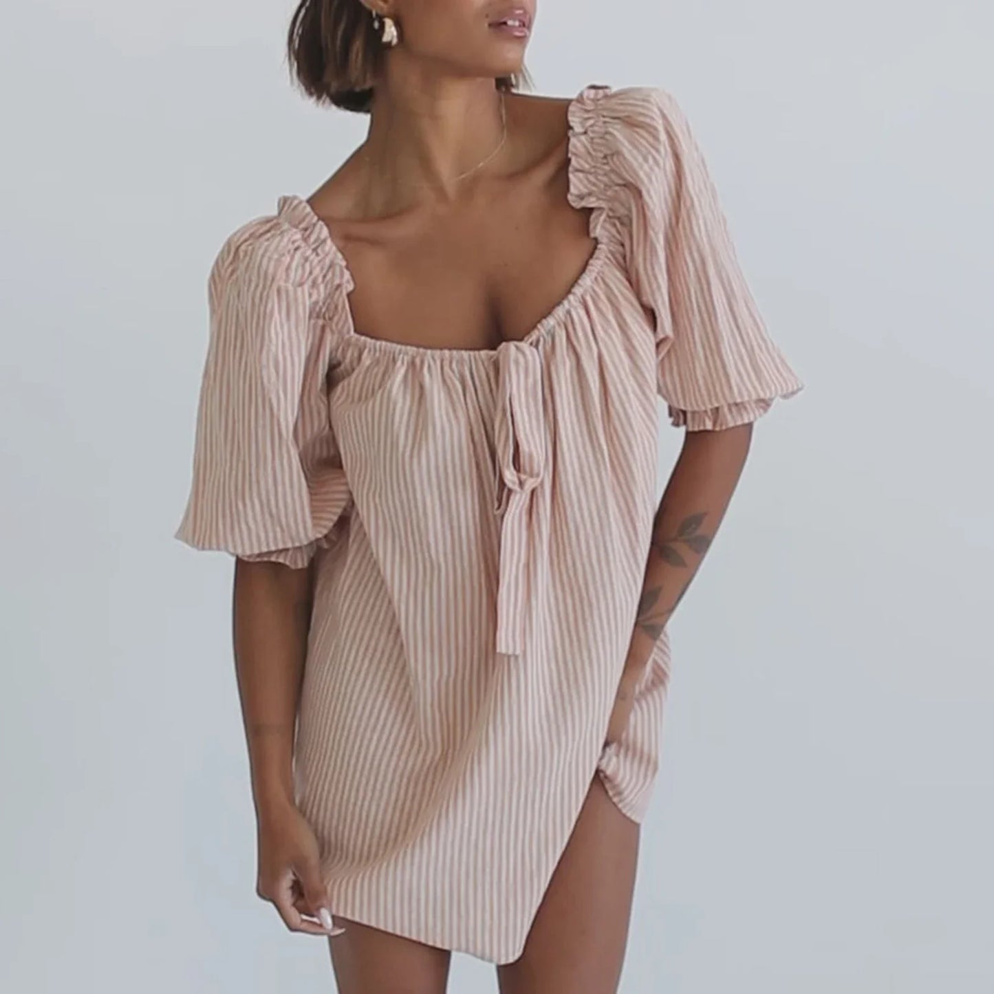 Puff Sleeve Plaid Bow Vacation Dress