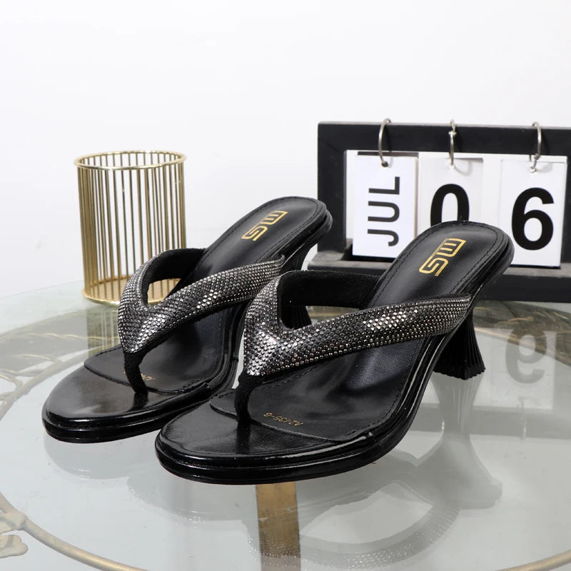 Luxurious Golden Stiletto High Heel Flip Flops with Toe Clip for Summer