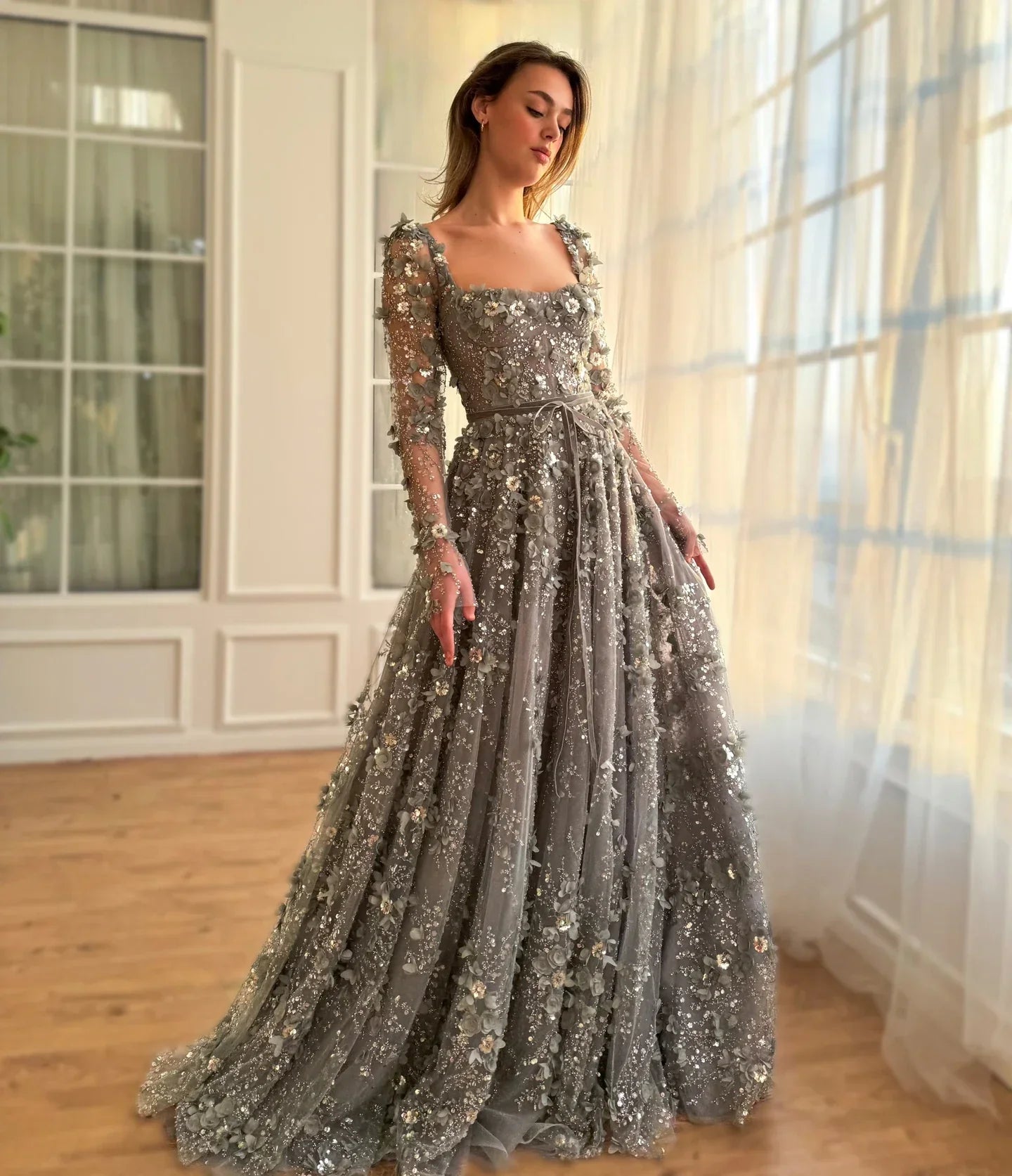 3D Floral A-Line Evening Gown Long Sleeves