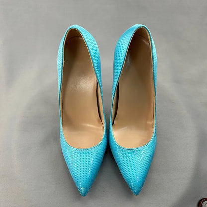 Green Blue Snakeskin Slip On High Heel Shoes for Women