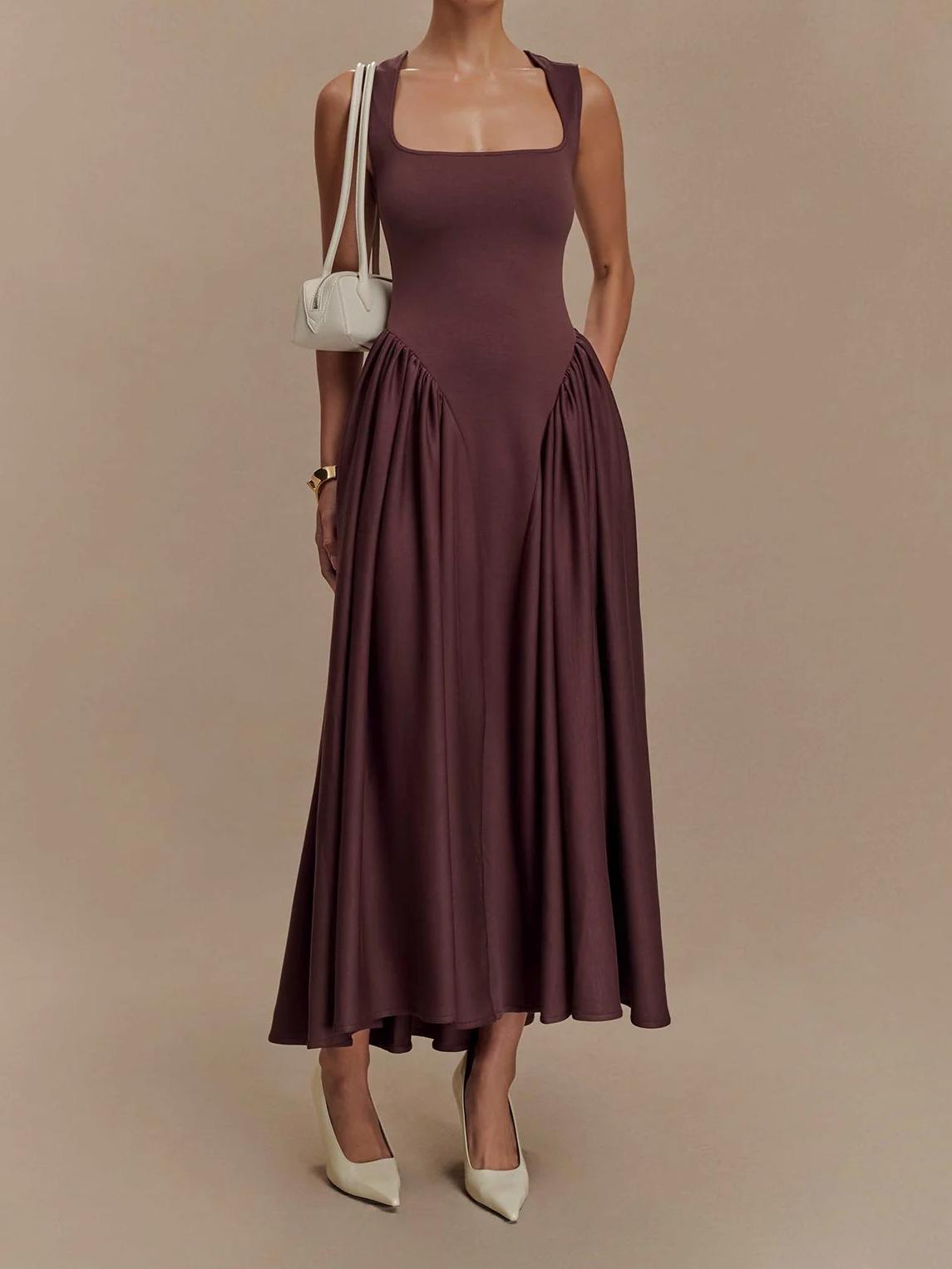 Square Neck Sleeveless Pointed Drop Waist Gathered Maxi Dress