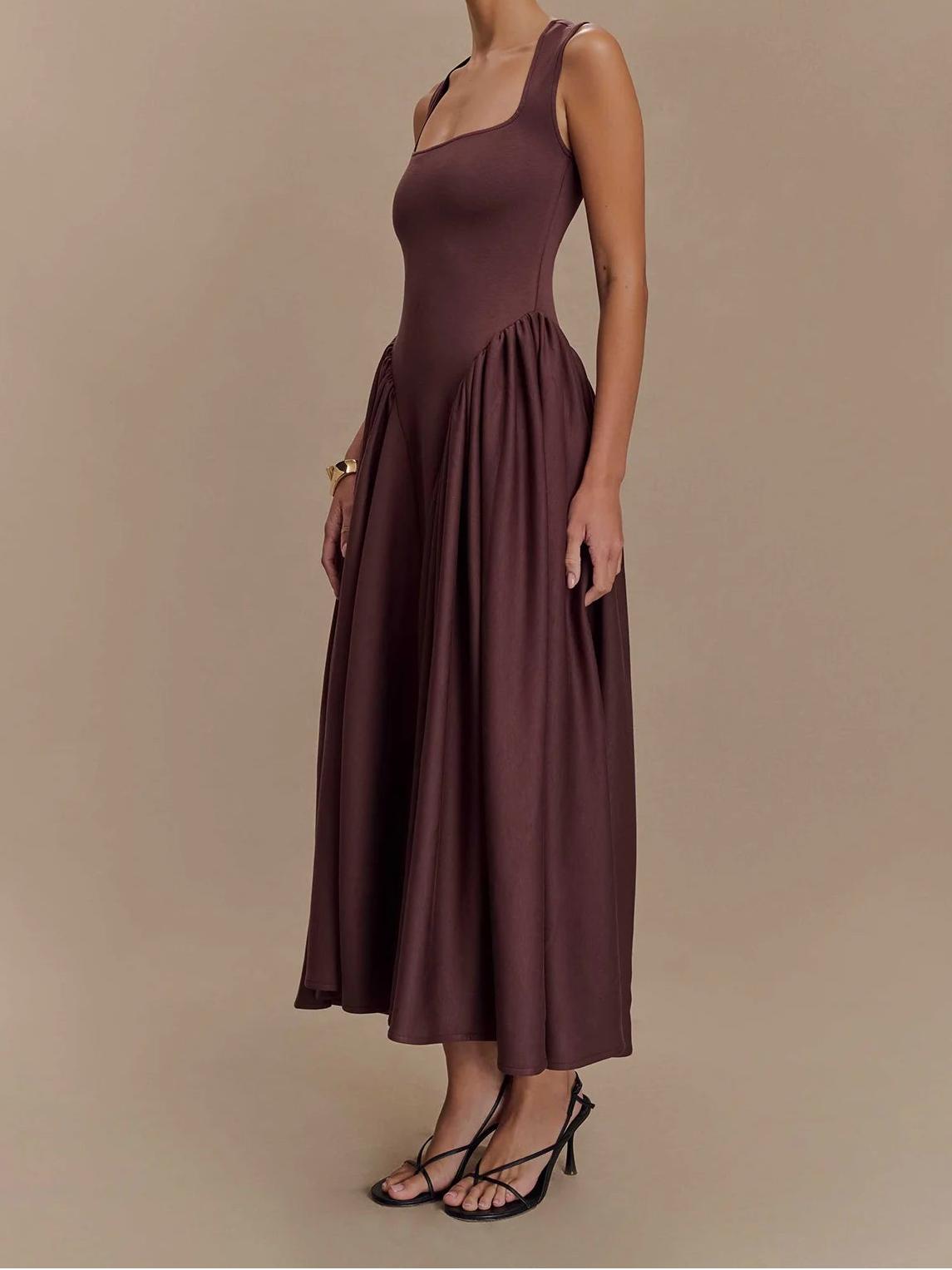 Square Neck Sleeveless Pointed Drop Waist Gathered Maxi Dress