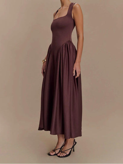 Square Neck Sleeveless Pointed Drop Waist Gathered Maxi Dress
