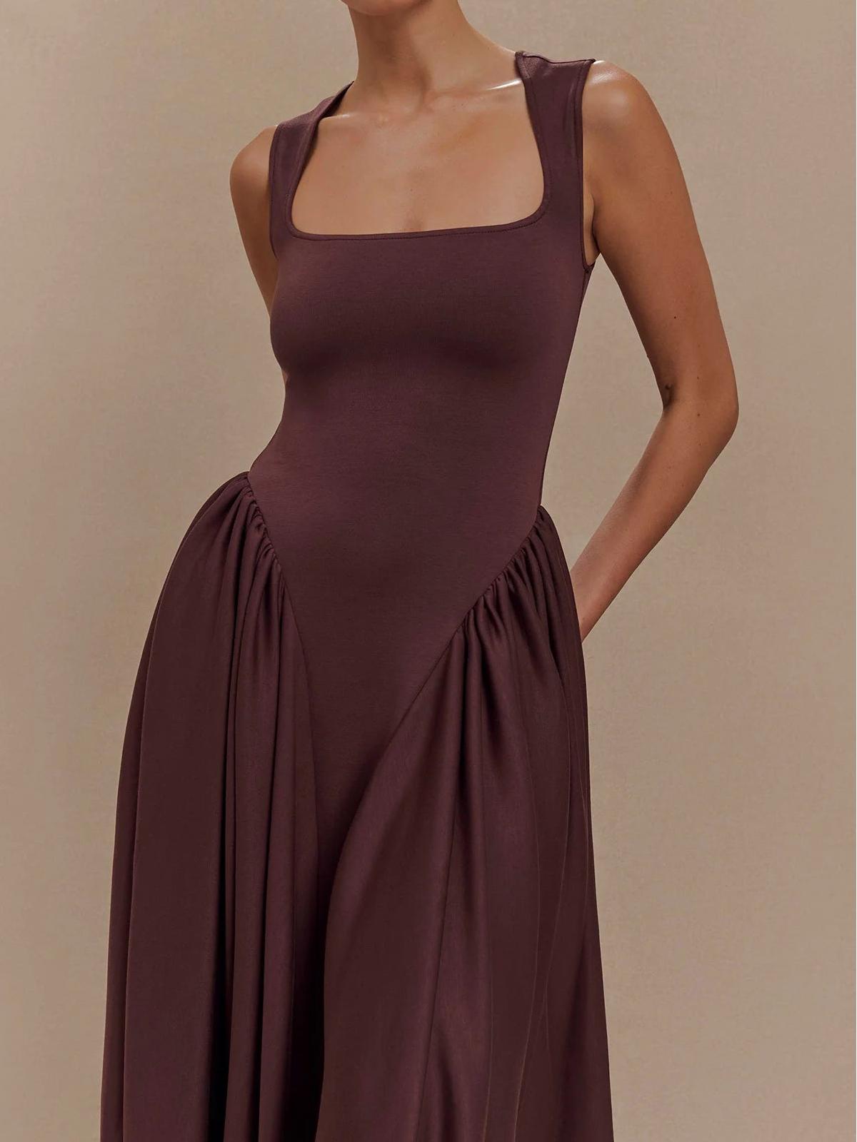 Square Neck Sleeveless Pointed Drop Waist Gathered Maxi Dress