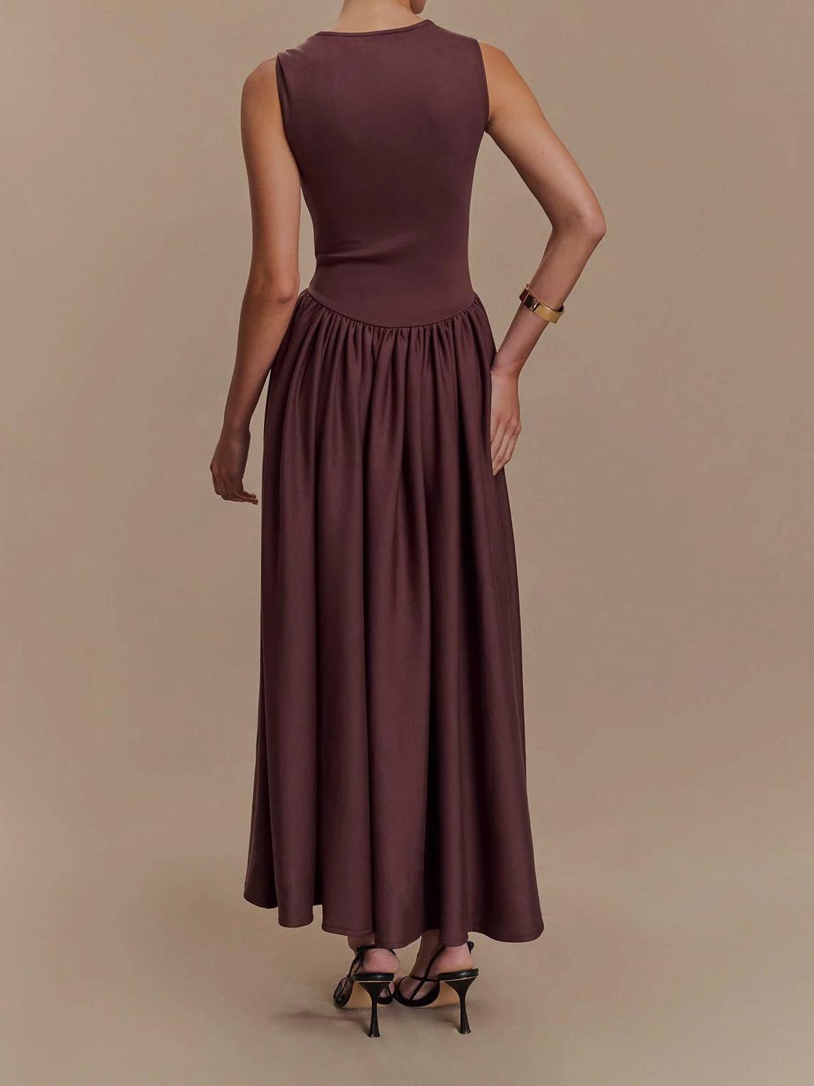Square Neck Sleeveless Pointed Drop Waist Gathered Maxi Dress