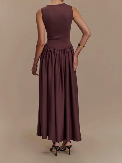 Square Neck Sleeveless Pointed Drop Waist Gathered Maxi Dress