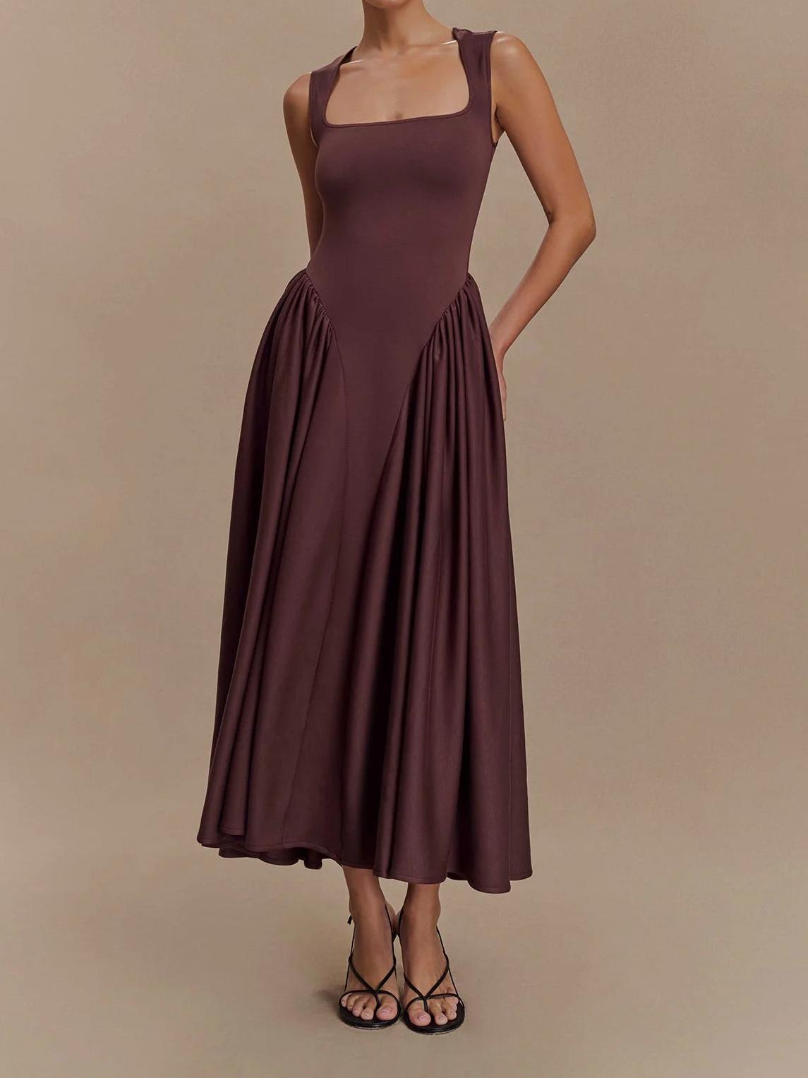 Square Neck Sleeveless Pointed Drop Waist Gathered Maxi Dress