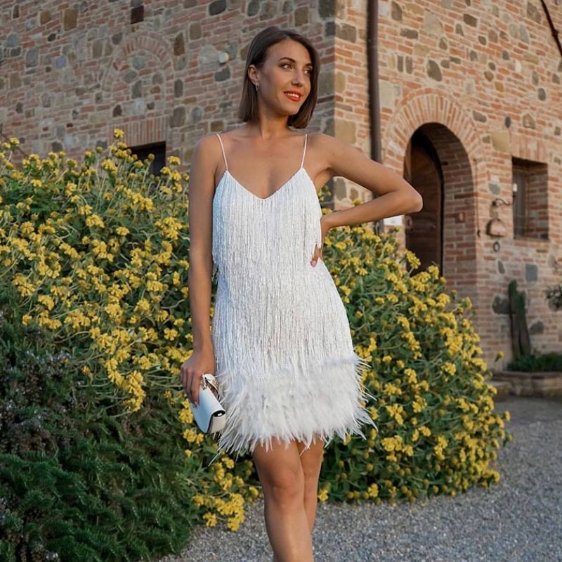 Sequin Fringe Feather Trim Spaghetti Strap Mini Dress