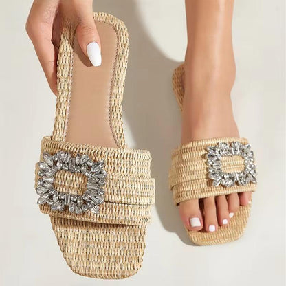 Summer Glitter Rhinestone Women Sandals with Flat Bottom