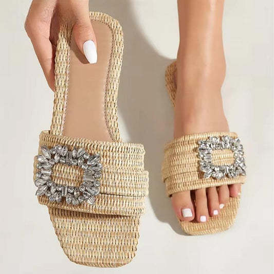 Summer Glitter Rhinestone Women Sandals with Flat Bottom
