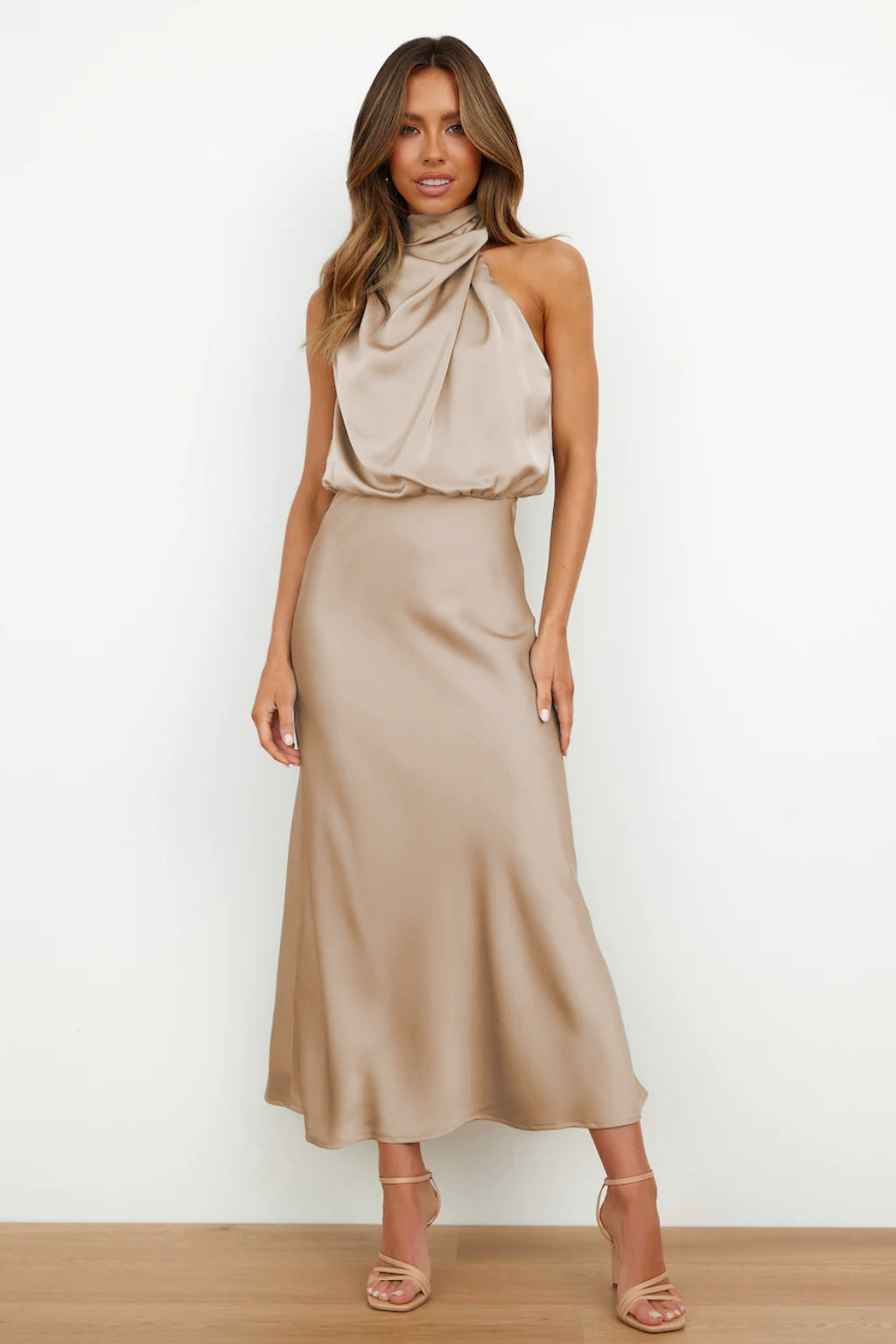 Satin High Neck Keyhole Back Sleeveless Bias-Cut A-Line Maxi Dress
