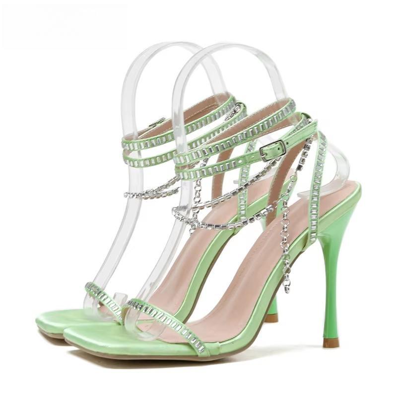 Satin Chain Crystal Sandals Women Ankle Strap for Summer Party Wedding Banquet