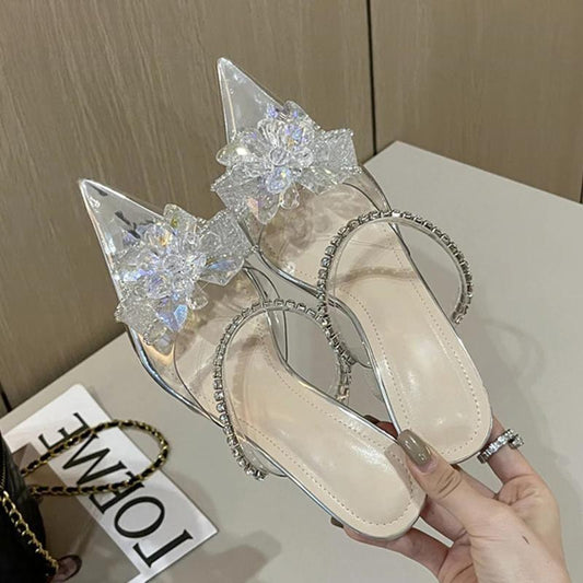 String Bead Crystal Buckle Women Pumps with Sexy Pointed Toe and Low Heels
