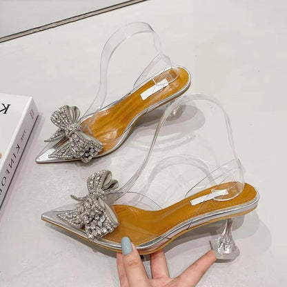 Crystal Sequined Bowknot Silver Women Pumps with Low and High Heels for Spring and Autumn