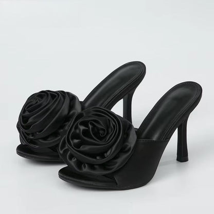 Silk Flower Peep Toe High Heel Slipper Mule Slides for Women