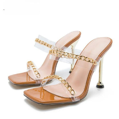 Clear PVC High Heel Slippers with Chain Design Square Toe Summer Fashion Slide