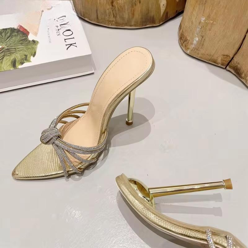Crystal High Heel Slipper for Women Summer Fashion with Narrow Band and Pointed Toe