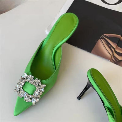 Autumn Metal Crystal Silk Slippers Women Pointed Toe Stripper High Heels