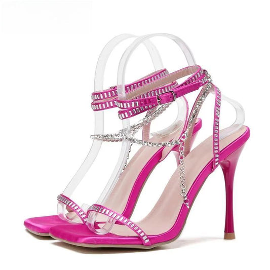 Satin Chain Crystal Sandals Women Ankle Strap for Summer Party Wedding Banquet