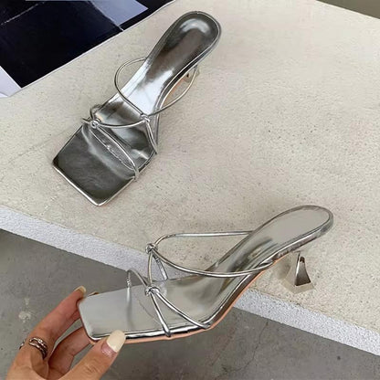 Summer Gold Slipper Low Heel Slides Peep Toe Sandal with Square Heel