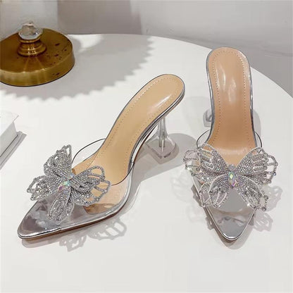 Crystal Bowknot Women Slippers with Sexy Pointed Toe and Strange Heels