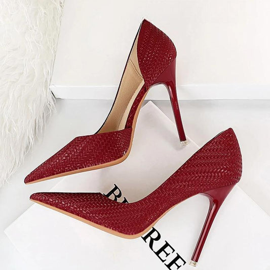 Red Women Pumps with New Weave Pattern High Heels