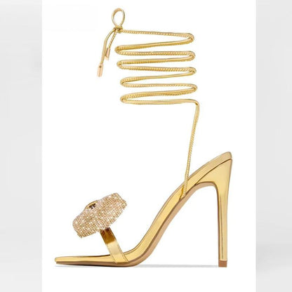 Butterfly Knot Rhinestone Lace Up Sandals for Women