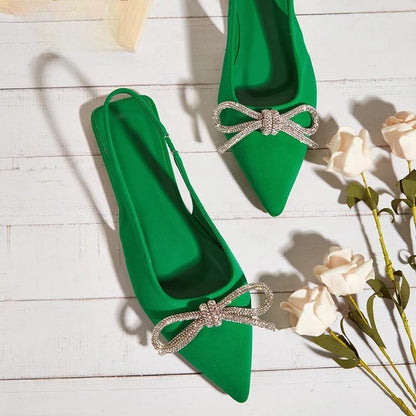 Autumn Crystal Butterfly-knot Green Women Pumps with Shallow Pointed Toe for Strippers