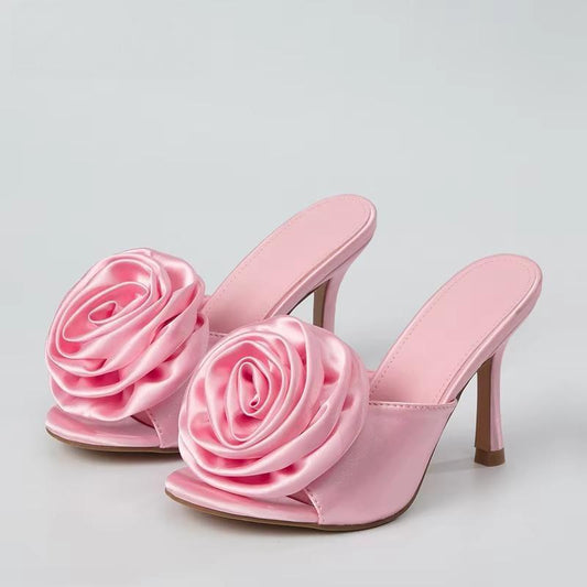 Silk Flower Peep Toe High Heel Slipper Mule Slides for Women