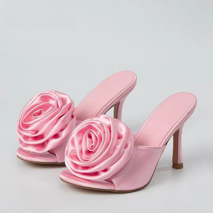 Silk Flower Peep Toe High Heel Slipper Mule Slides for Women