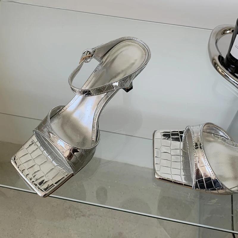 Gold Silver Women Slipper with Square Toe Low Heels Sandal