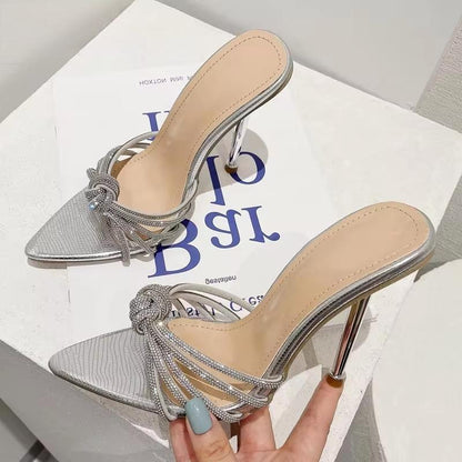 Crystal High Heel Slipper for Women Summer Fashion with Narrow Band and Pointed Toe