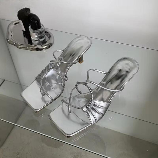 Gold Narrow Band Women Slipper with Square Pinch Toe and Low Heel