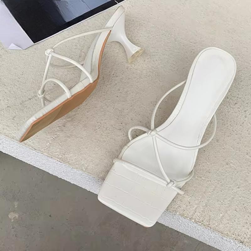 Summer Gold Slipper Low Heel Slides Peep Toe Sandal with Square Heel