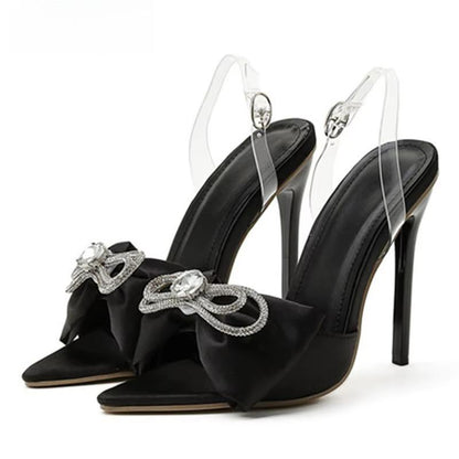 Silk Butterfly-knot Rhinestone Women Mule High Heels Slippers Sandals