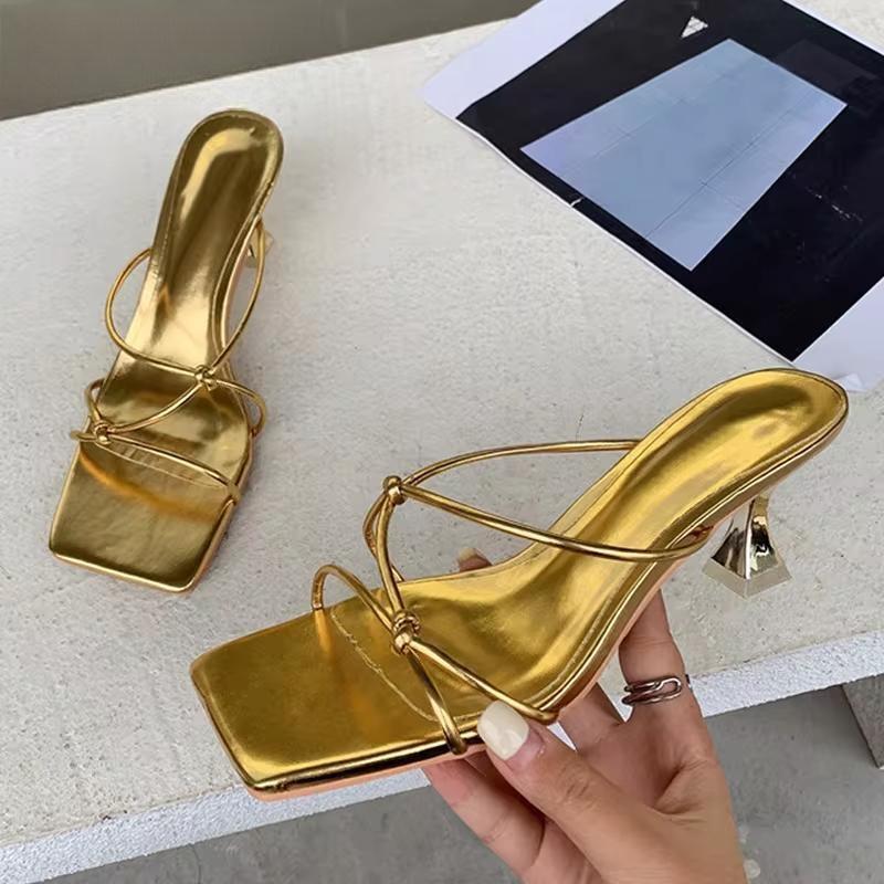 Summer Gold Slipper Low Heel Slides Peep Toe Sandal with Square Heel