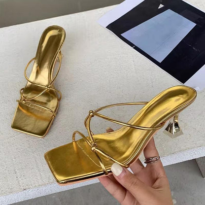 Summer Gold Slipper Low Heel Slides Peep Toe Sandal with Square Heel