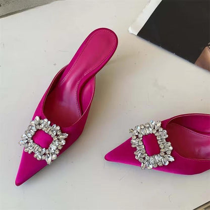 Autumn Metal Crystal Silk Slippers Women Pointed Toe Stripper High Heels