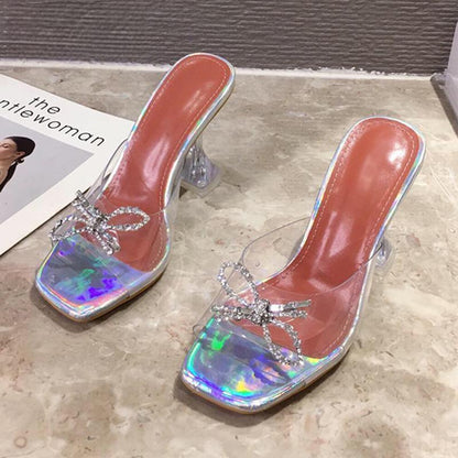 Transparent High Heel Women's Slippers with Sexy Square Toe